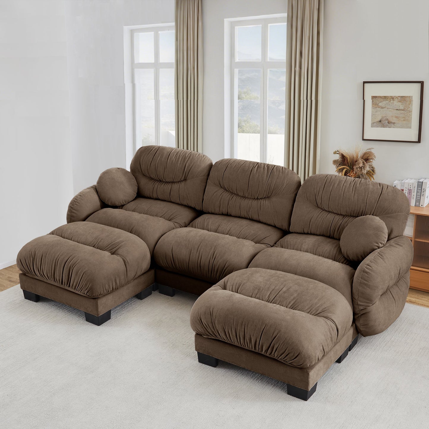 Sectional Sofa Modular Chenille Brown 3 Seat 2 Ottomans Pleated Backrest