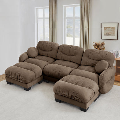 Sectional Sofa Modular Chenille Brown 3 Seat 2 Ottomans Pleated Backrest