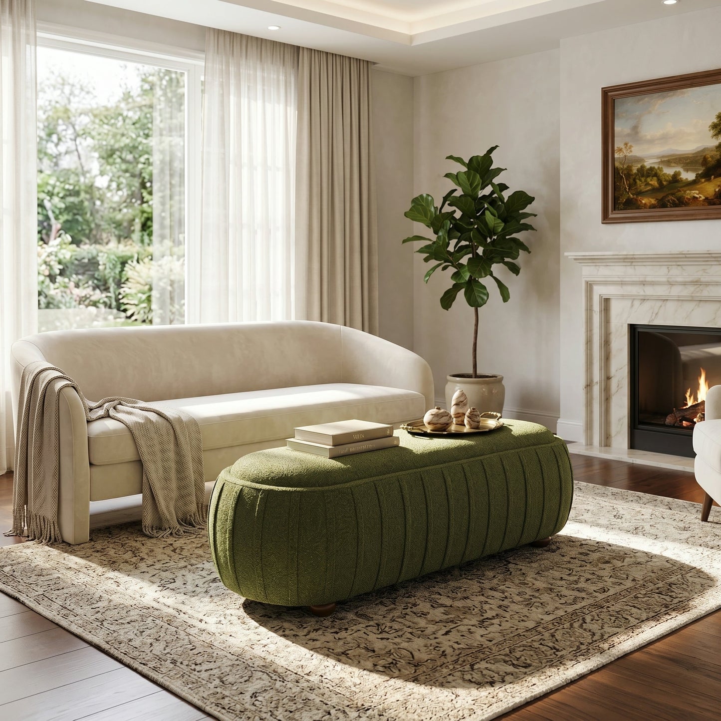 Upholstered Oval Ottoman Olive Green Boucle Rubberwood Legs 50x17.95x16.34