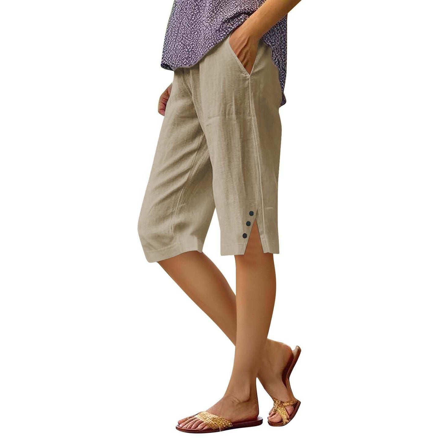 Casual Loose-fit Cotton-linen Drawstring Shorts With Pockets