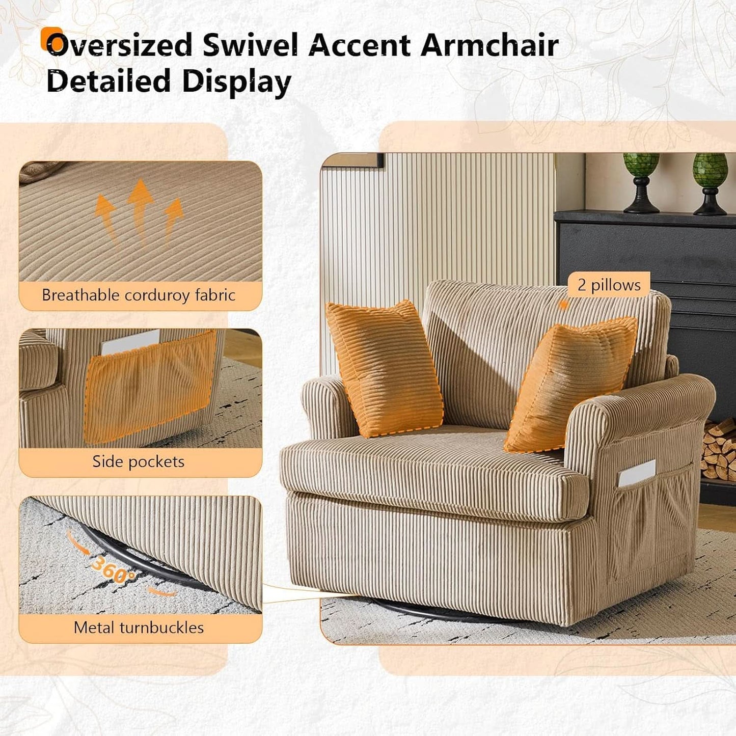 Vingl Modern 39.2Inch ExtraWide Swivel Armchair Khaki