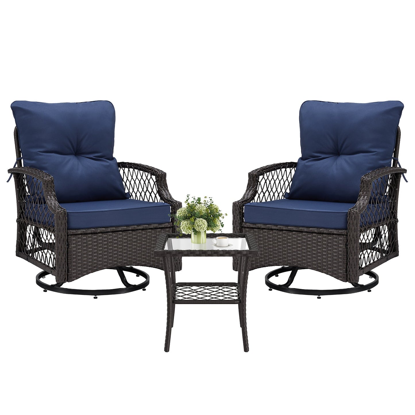 Outdoor Bistro Set Wicker Swivel Glider Navy 3-Piece