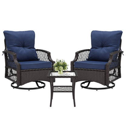 Outdoor Bistro Set Wicker Swivel Glider Navy 3-Piece
