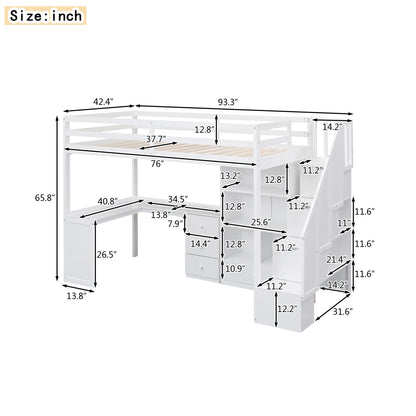 Loft Bed With L Shaped Desk, Drawers, Cabinet, And Storage Staircase