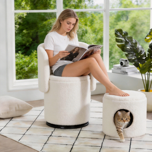 Upholstered Barrel Chair with Storage | 360° Swivel Vanity & Dining Seat, Free Cat Bed Included