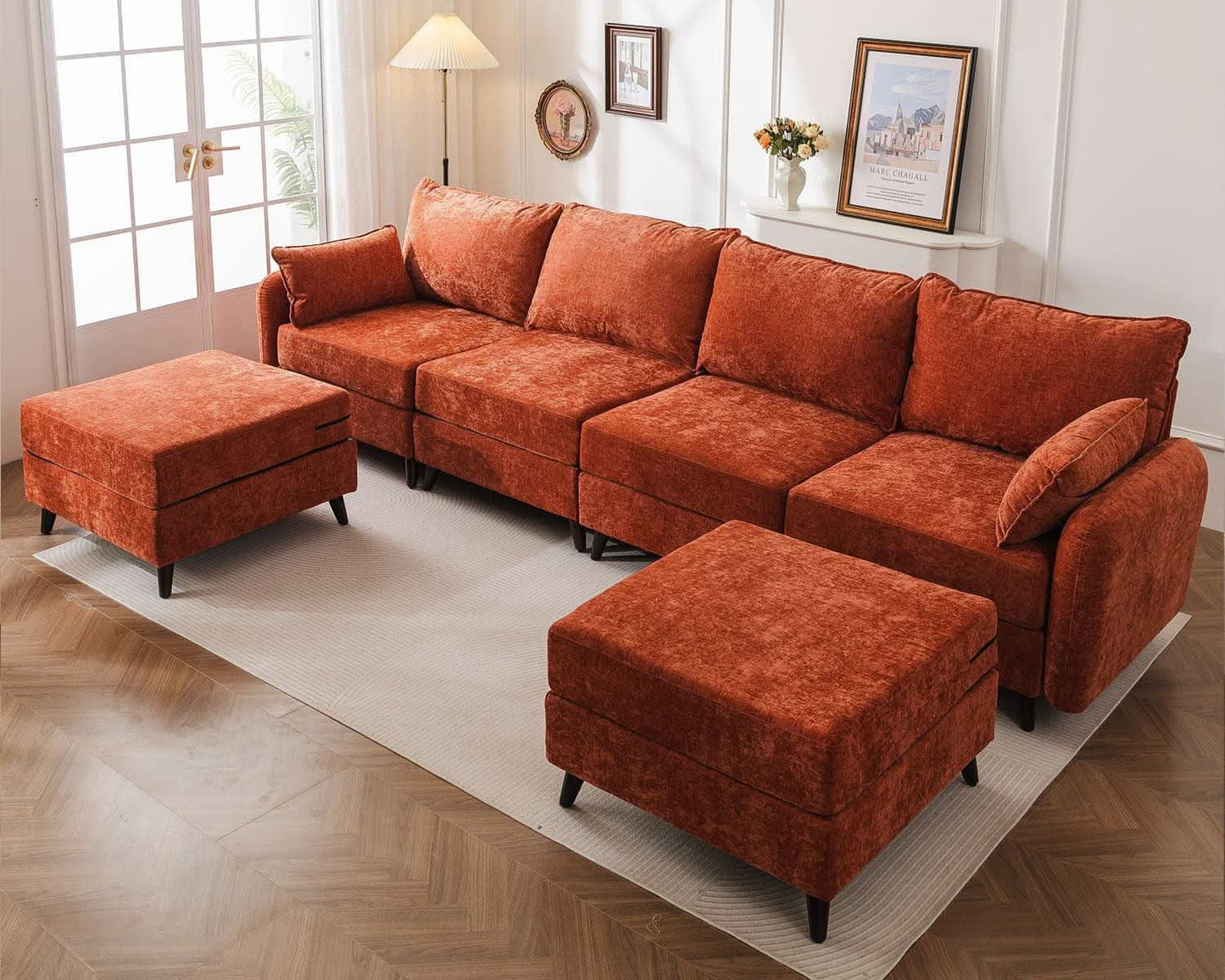 Velvet Orange 135 Modular Sectional Sofa Storage Ottoman