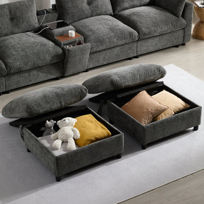 Sectional Sofa U-Shape Chenille Gray 6 Seat USB Console 136 In