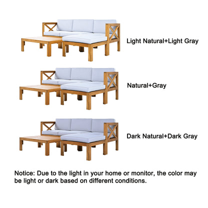 Outdoor Patio Sectional Set Acacia Wood Gray Cushions 5 Piece X-Back