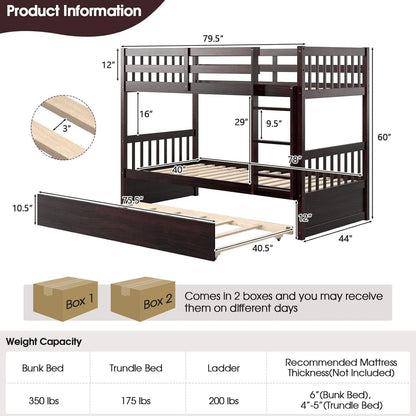 Twin Over Twin Bunk Bed With Trundle In Espresso Solid Wood