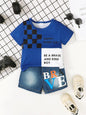 Children's Letter Round Neck Top and Denim Shorts Set