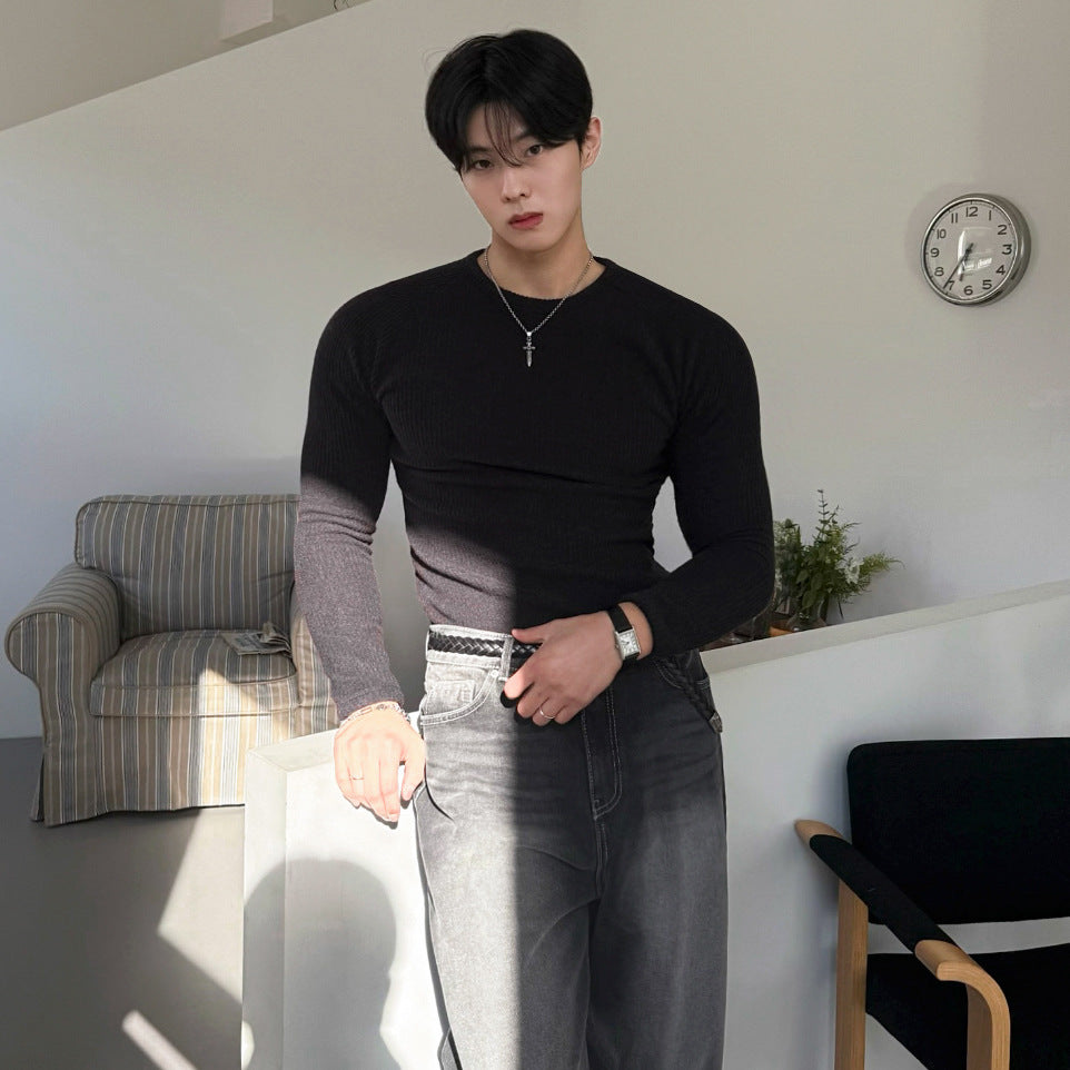 Mens Solid-Color Crew-Neck Long-Sleeve T-Shirt Autumn Slim-Fit Base Layer Top
