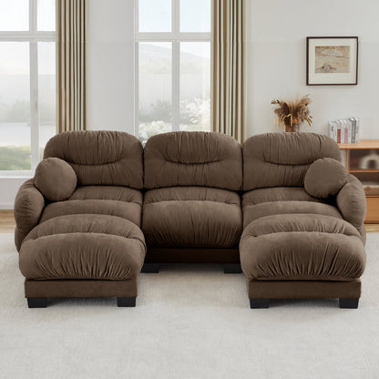 Sectional Sofa Modular Chenille Brown 3 Seat 2 Ottomans Pleated Backrest