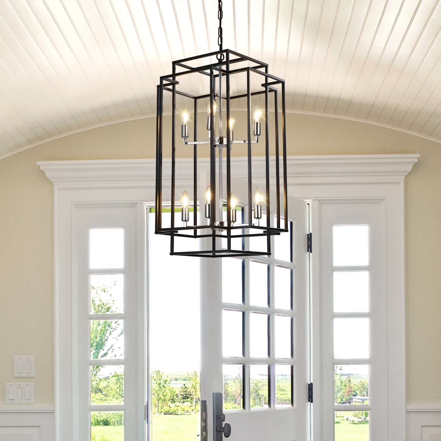 Chandelier 8-Light Black Chrome Geometric Industrial Metal Pendant 18 In
