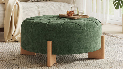 32' Round Tufted Ottoman with Solid Wood Legs, Chenille Fabric Footrest