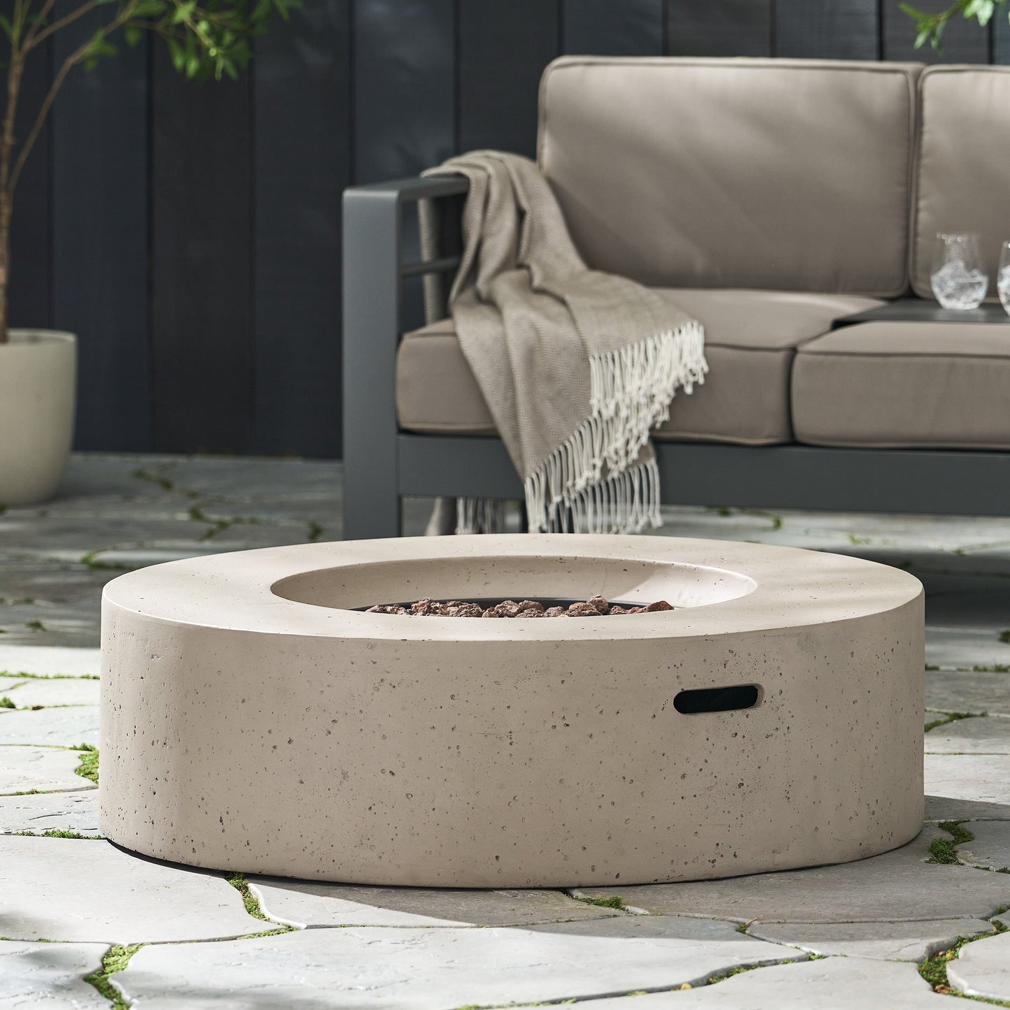 Modern Outdoor 50000 BTU Round MgO Concrete Propane Fire Pit, Light Grey