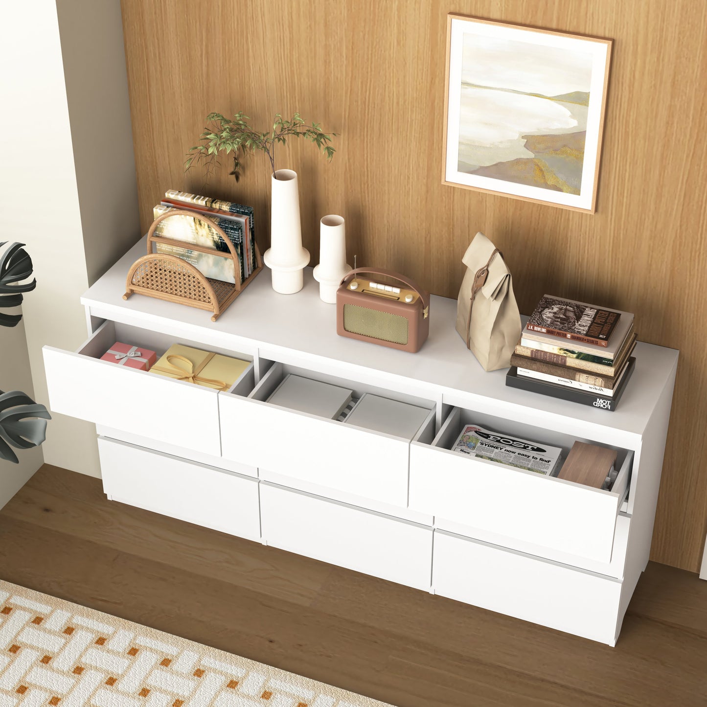 Dresser Modern 9-Drawer White Particle Board Handleless 63x15.74x29.5 In