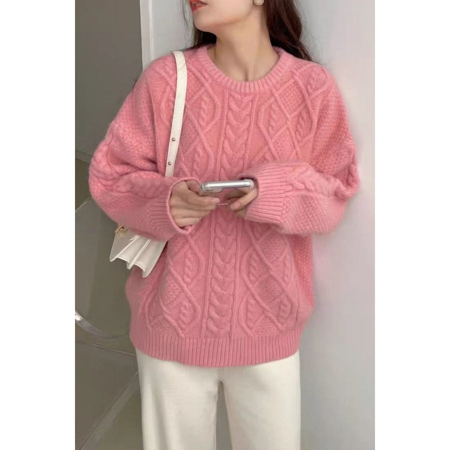 Thickened Relaxed-fit Cable-knit Crew-neck Sweater That Flatters Your