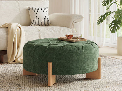 32' Round Tufted Ottoman with Solid Wood Legs, Chenille Fabric Footrest