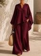 Full Size Notched Long Sleeve Top and Wide-Leg Pants Set Plus Size