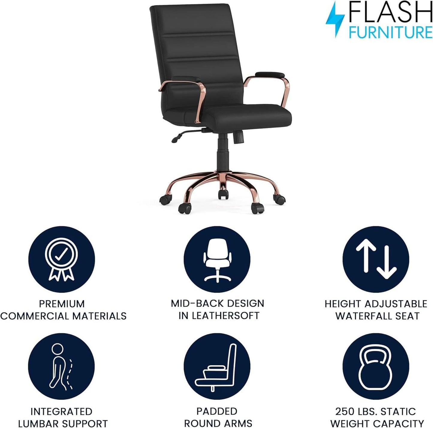 Whitney Mid Back LeatherSoft Desk Chair With Adjustable Height Black Rose Gold