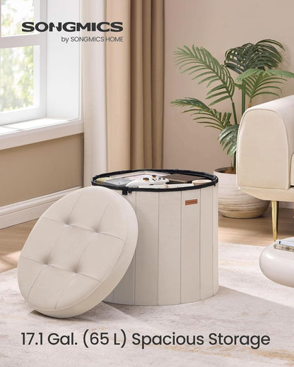 Round Folding Storage Ottoman Cappuccino Beige Velvet