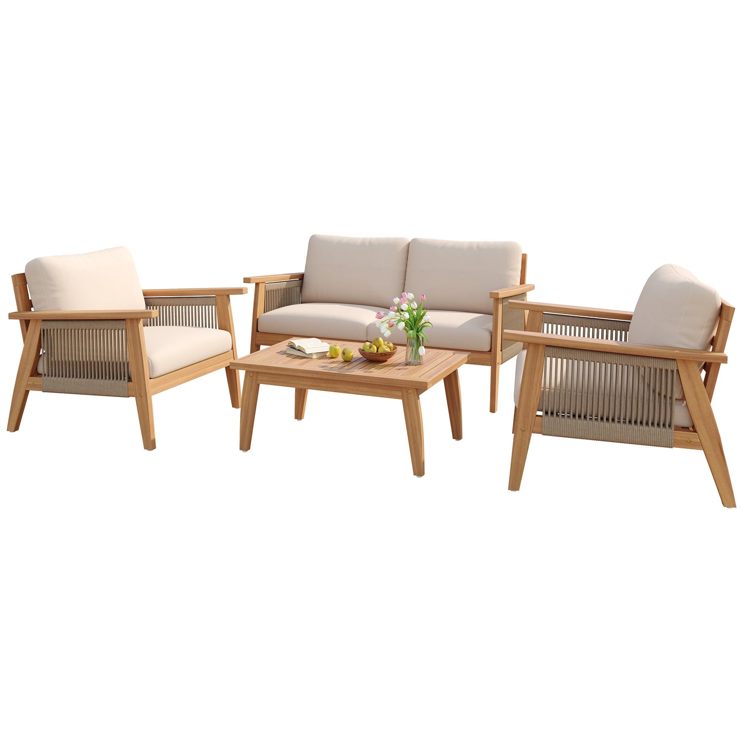 Outdoor Conversation Set 4 Piece Acacia Wood Rope