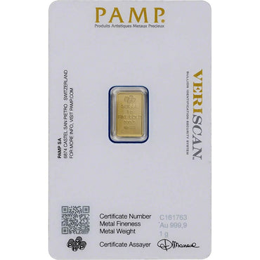 1 Gram Gold Bar PAMP Suisse Fortuna 999.9 Fine in Sealed Assay
