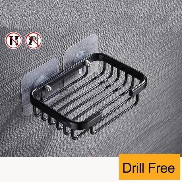 Drill-Free Wall-Mounted Soap Dish Holder - Adhesive, Aluminum, Hollow Drainage, Waterproof - Silver / Black / Gold