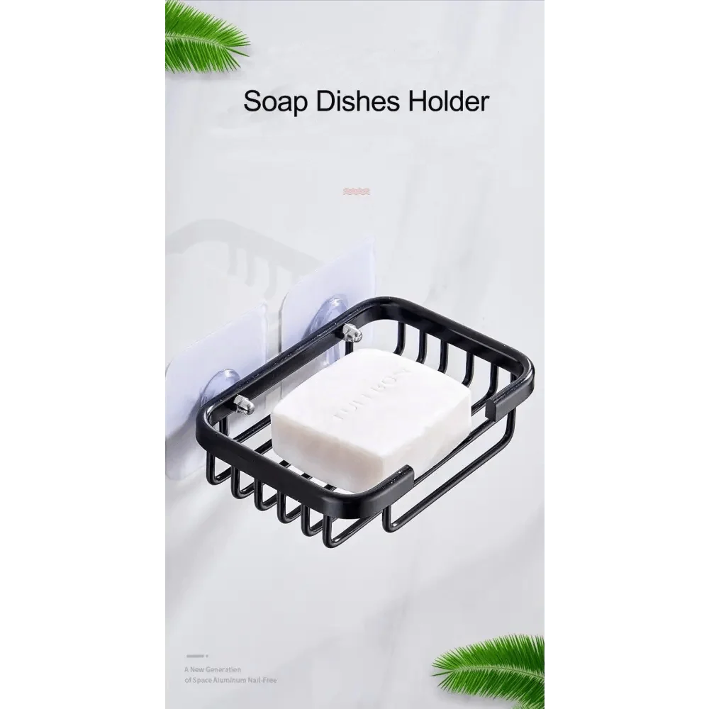 Drill-Free Wall-Mounted Soap Dish Holder - Adhesive, Aluminum, Hollow Drainage, Waterproof - Silver / Black / Gold