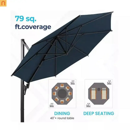 Patio Umbrella Cantilever Blue 10ft Square 360 Degree UPF 50 Plus