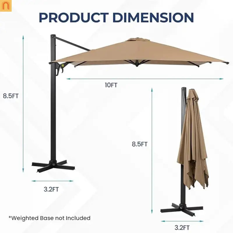 Patio Umbrella Cantilever Khaki 10ft Square 360 Degree UPF 50 Plus