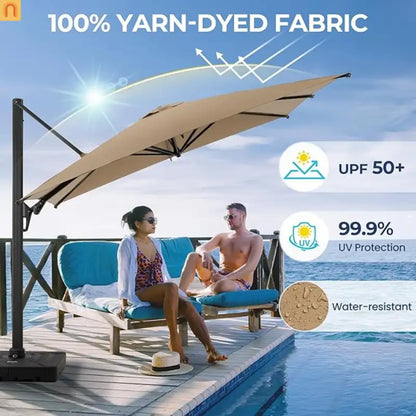 Patio Umbrella Cantilever Khaki 10ft Square 360 Degree UPF 50 Plus