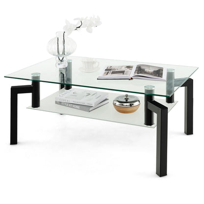 2-Tier Rectangular Glass Coffee Table with Metal Tube Legs-Black