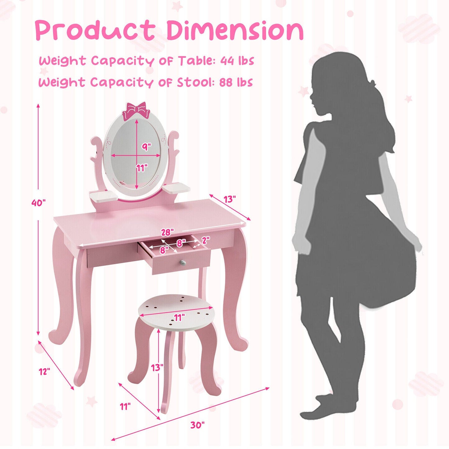 Kid Vanity Table Stool Set with Oval Rotatable Mirror-Pink