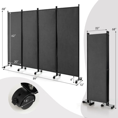 4-Panel Folding Room Divider 6 Feet Rolling Privacy Screen with Lockable Wheels