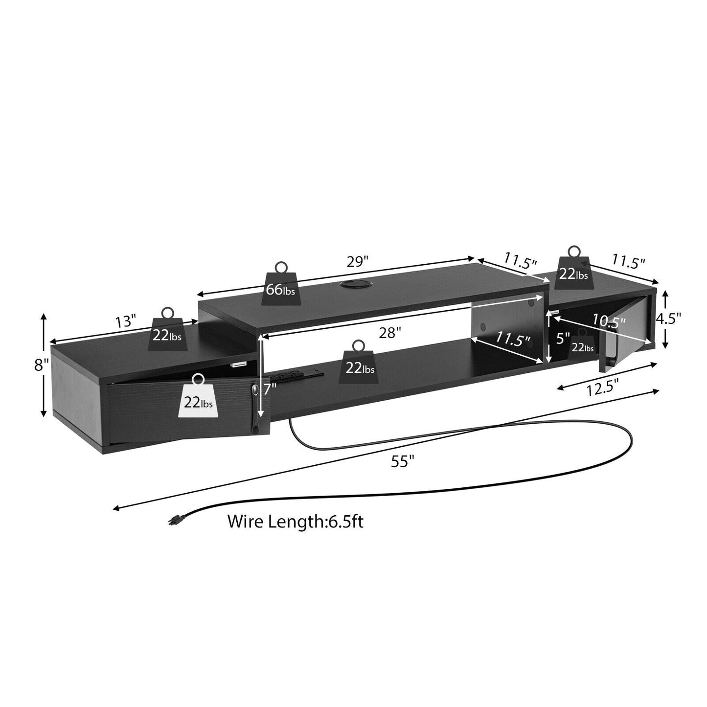 55 Inches Floating TV Stand with Power Outlet