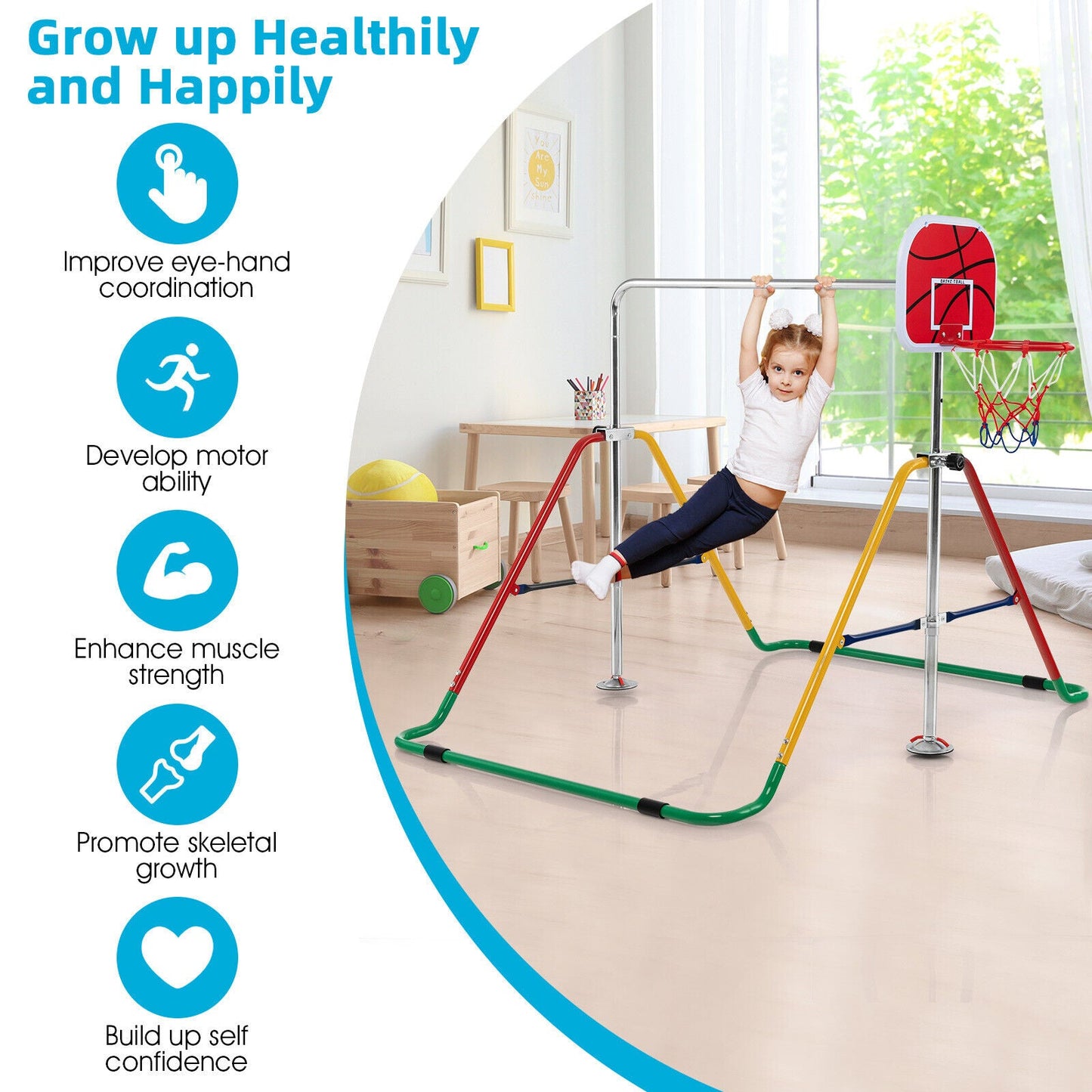 Kids Folding Horizontal Bar with 4 Adjustable Heights-Multicolor