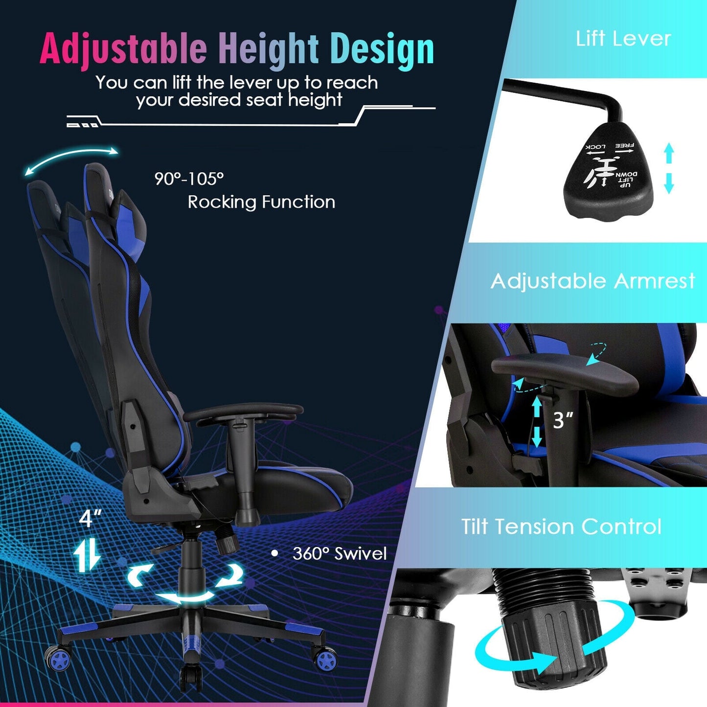 Gaming Chair Adjustable Swivel Computer Chair with Dynamic LED Lights