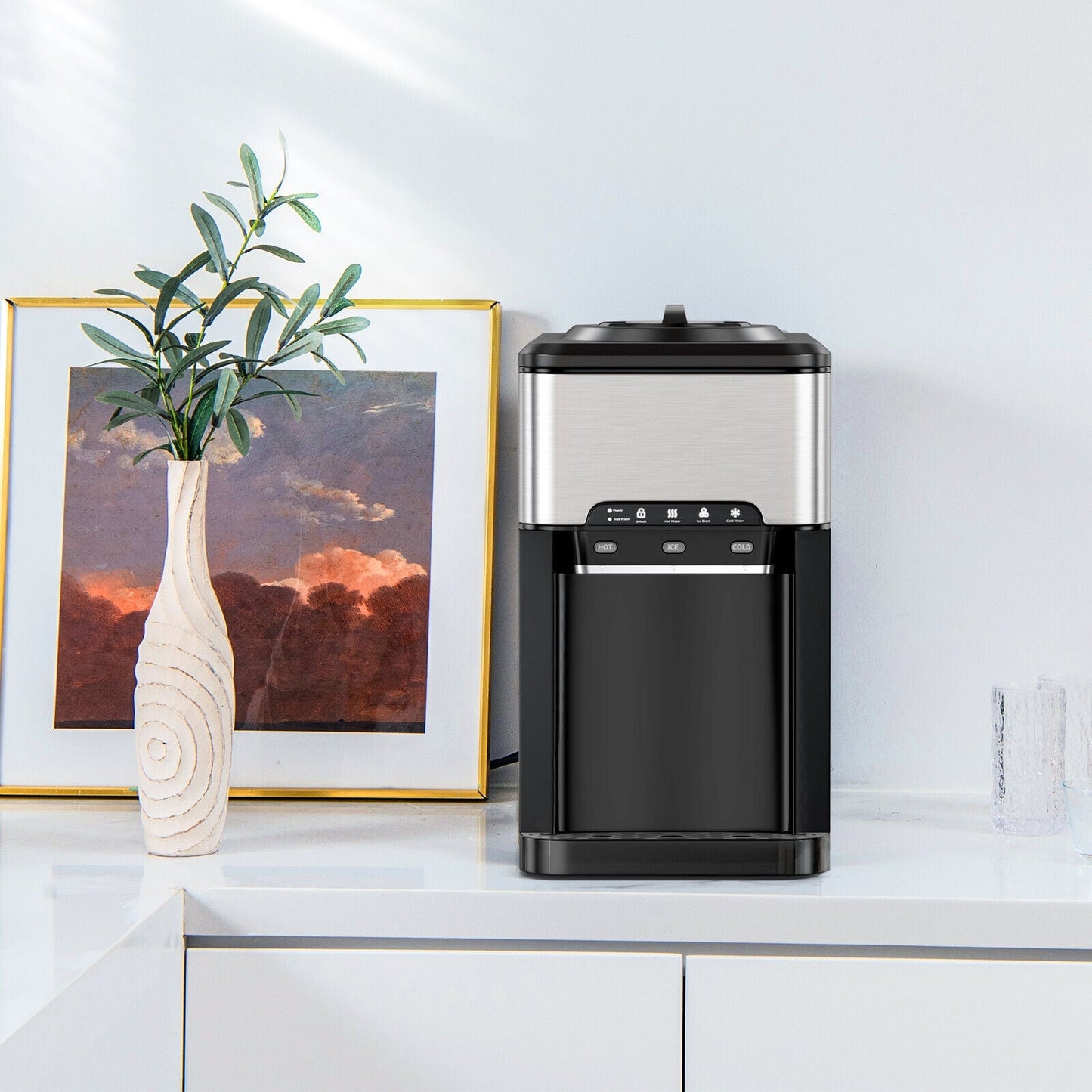 Water Cooler Dispenser 3-in-1 with Built-in Ice Maker and 3 Temperature Settings-Silver
