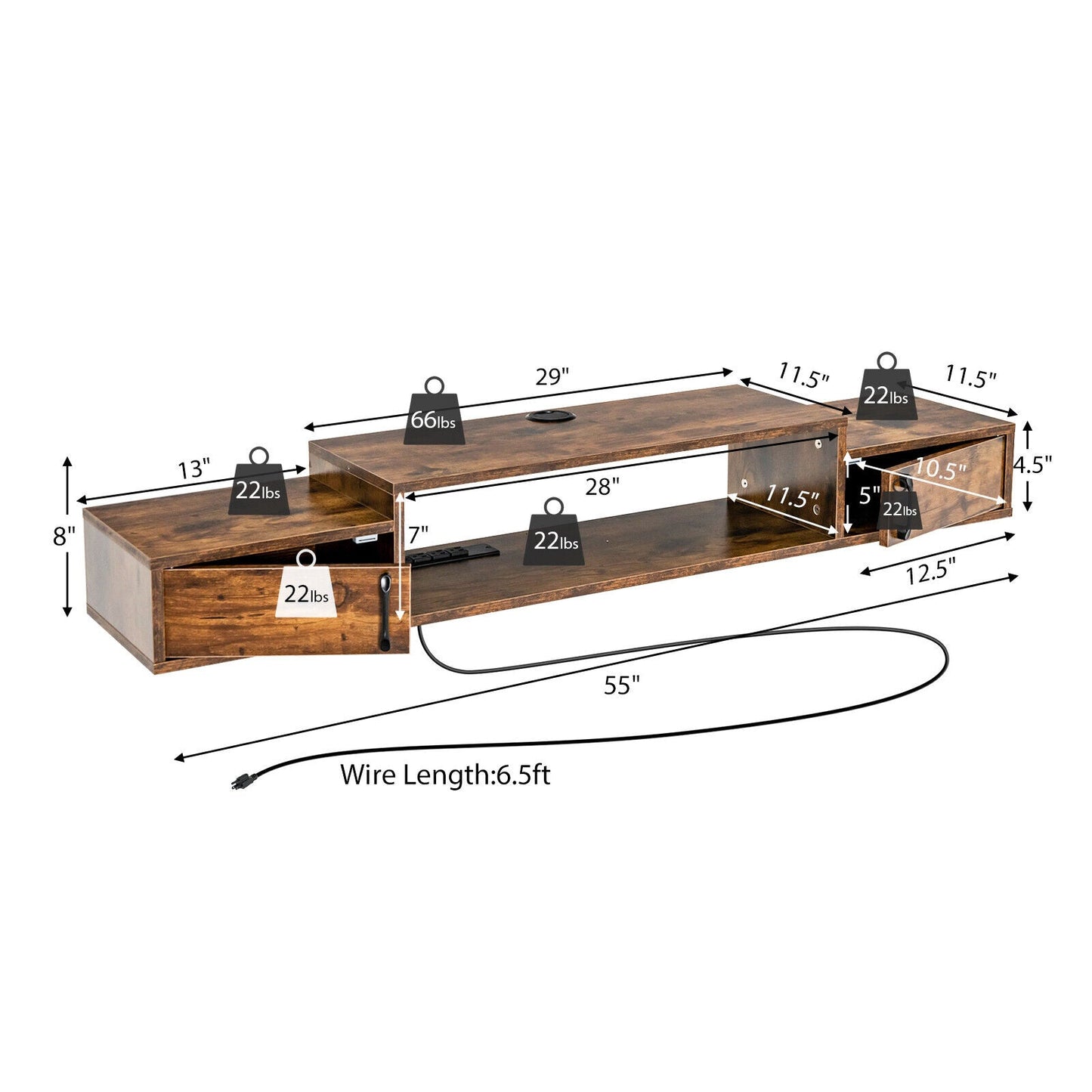 55 Inches Floating TV Stand with Power Outlet
