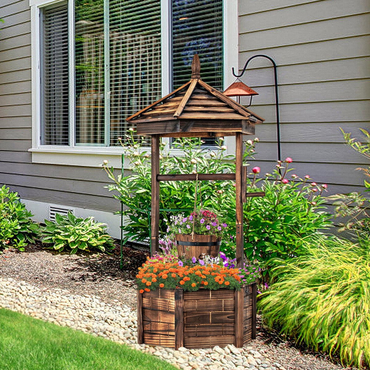 Rustic Wooden Wishing Well with Adjustable Hanging Bucket-Brown