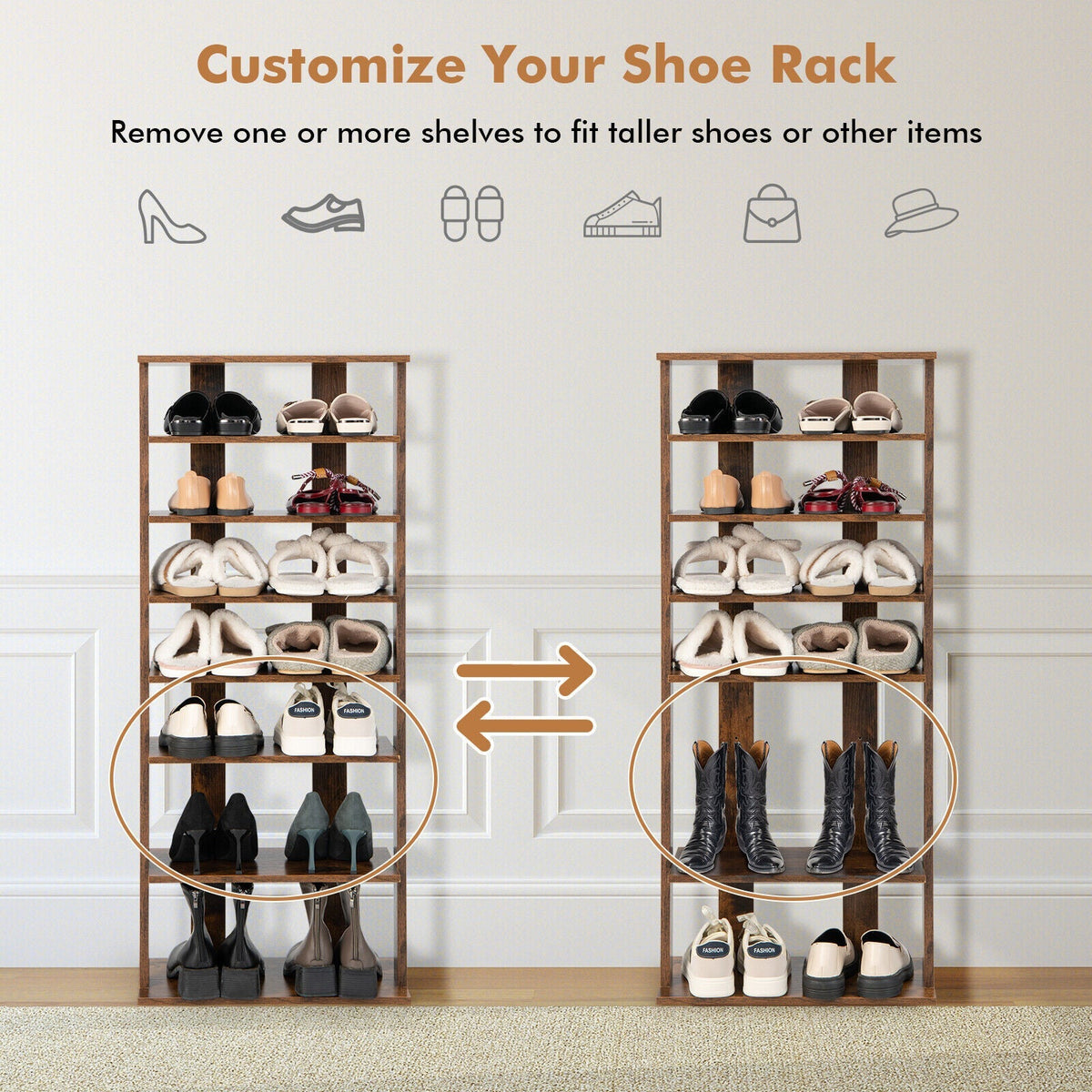 7-Tier Dual Shoe Rack Free Standing Shelves Storage Shelves Concise-Black