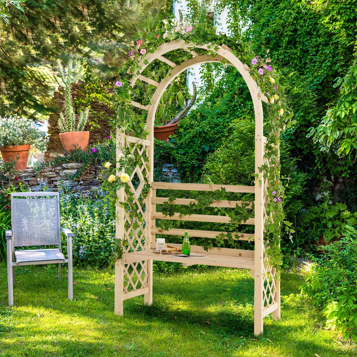Wooden Garden Bench Arch Pergola Outdoor Arbor