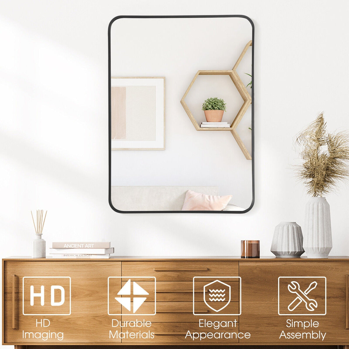 Metal Framed Bathroom Mirror with Rounded Corners