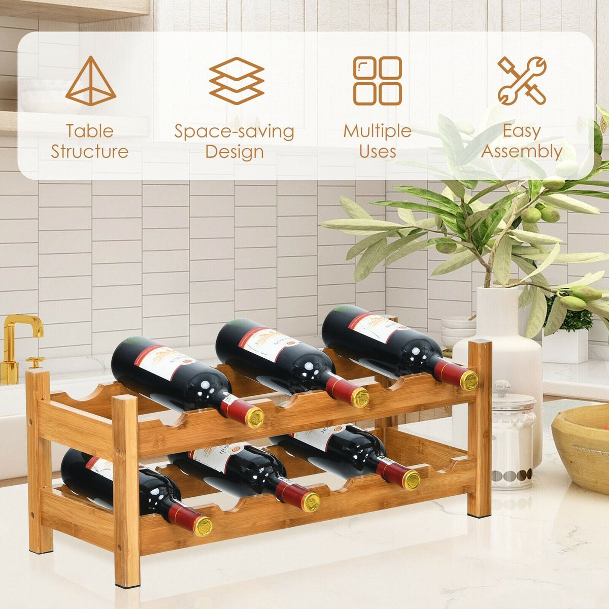 2-Tier 12 Bottles Bamboo Storage Shelf Wine Rack