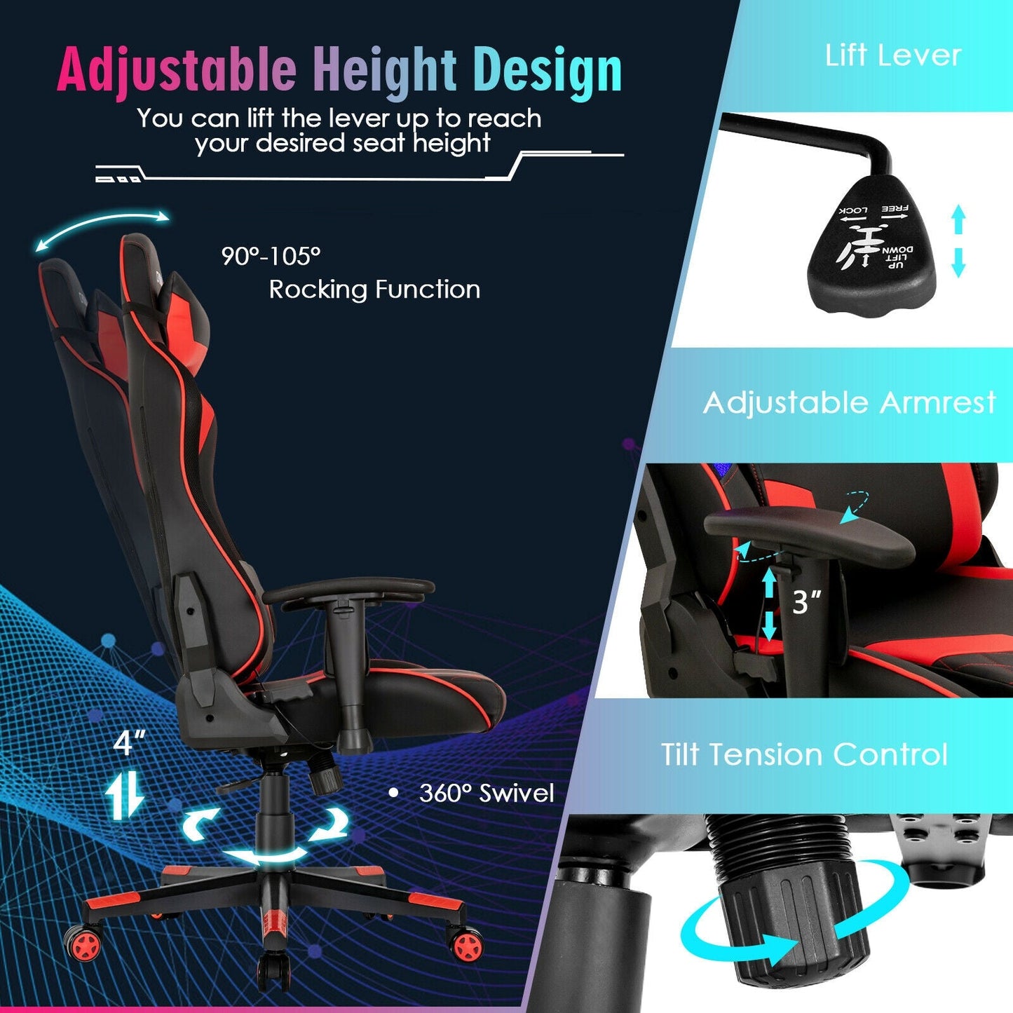 Gaming Chair Adjustable Swivel Computer Chair with Dynamic LED Lights