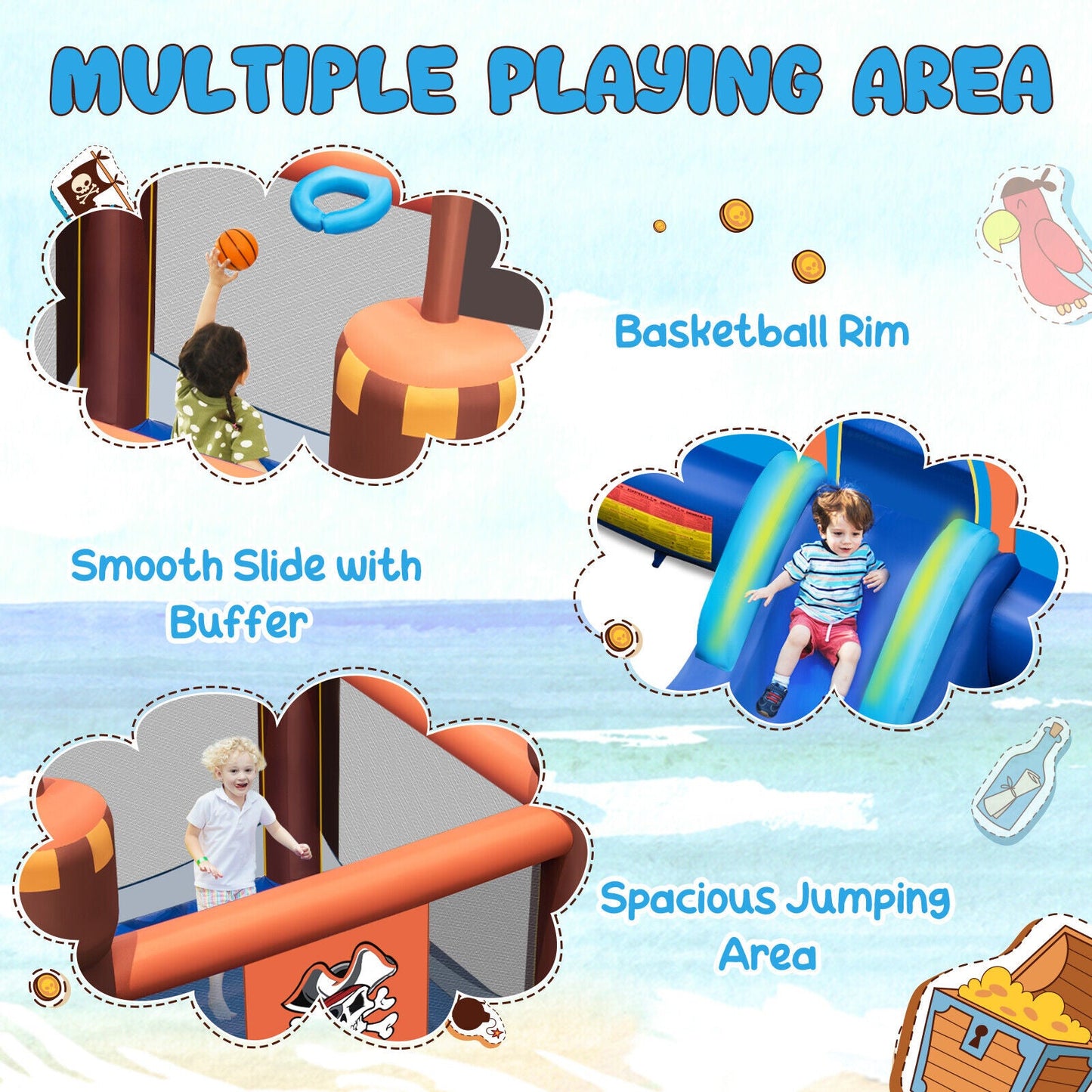 Pirate-Themed Inflatable Bounce Castle with Large Jumping Area and 735W Blower
