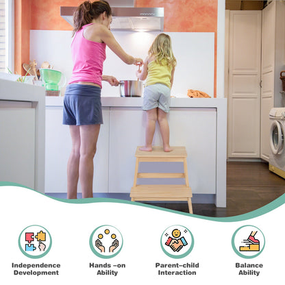 2-in-1 Multifunctional Toddler Step Stool with Safety Rail-Natural