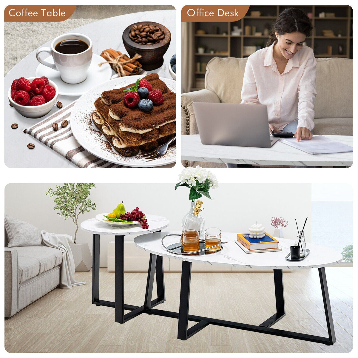 Set of 2 Modern Faux Marble Nesting Coffee Table Set with Oval and Round Table-White