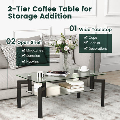 2-Tier Rectangular Glass Coffee Table with Metal Tube Legs-Black